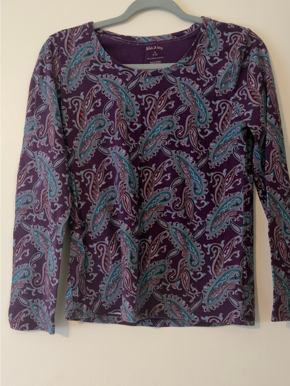 Vtg White Stag Purple Paisley Long Sleeve Tee with Teal Accents